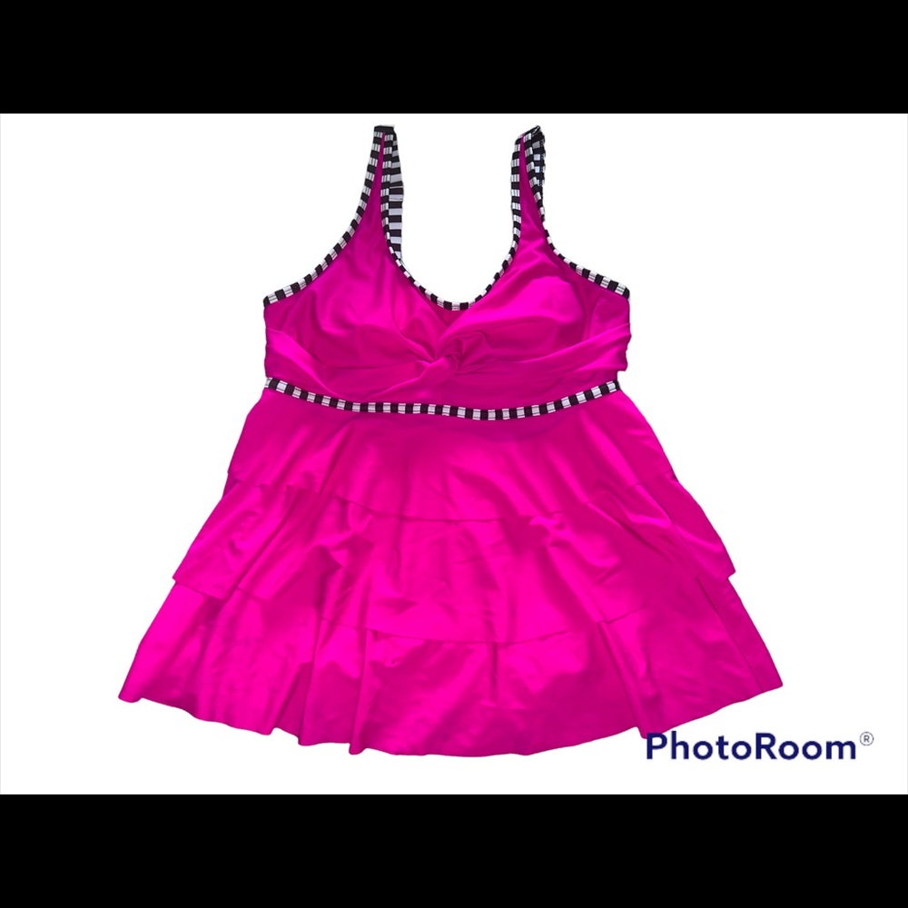 Medium Hot Pink w/ Black & White stripes Tankini Bikini Top